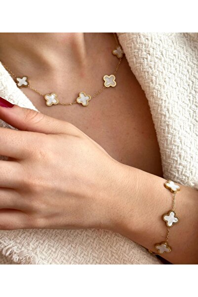 ANGELSS JEWELLERY 2'li Çelik Çift Taraflı Sedefli Yonca Kolye Set Model Kolye...