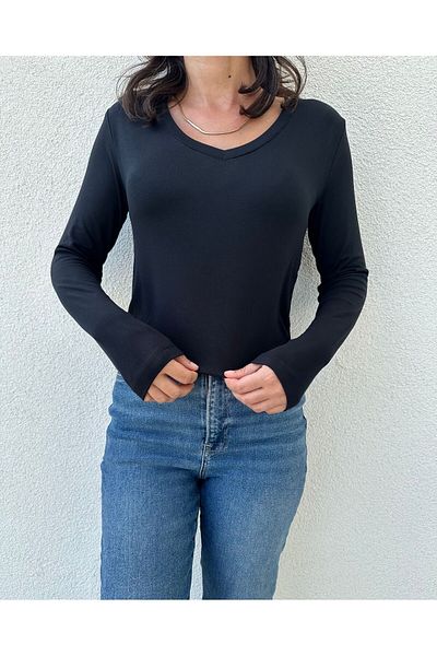 Elegant Design Black Modal V-neck Soft Textured Blouse