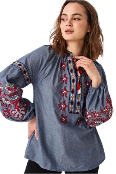 Cassime Ethnic Κεντημένη Vintage Γυναικεία Μπλούζα - Γκρι και Κόκκινο, Βαμβακερό