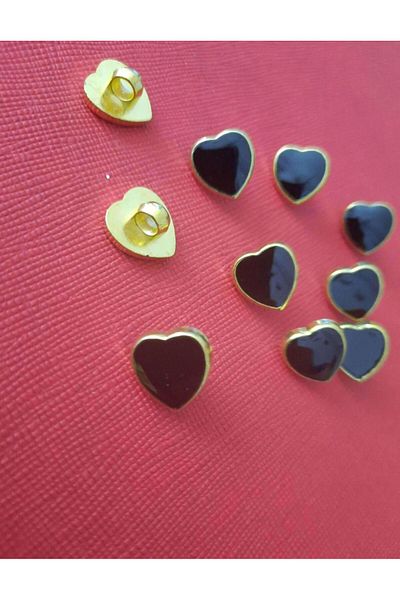 İMREN AKSESUAR Yellow Metallized and Black Enamel Heart Shaped 1.5 cm Button - 1 Pack of 10 Pieces