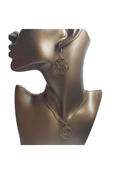Ororabutik Bronze Color 30mm Cottagecore Mountain House Figured Necklace and Earring Set