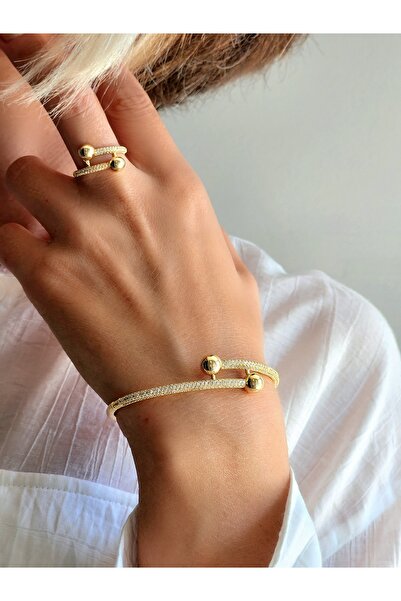 Eva Takı Vintage Top Model Retro Mikro Kakma Kuyum İşçiliği Bileklik Yüzük Gold Çelik Set