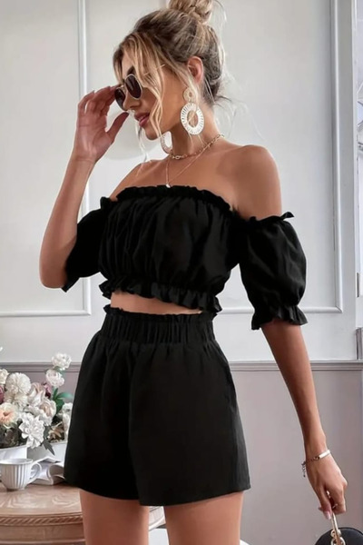 ESSFASIHON Kolsuz Madonna Yaka Crop Şort İkili Keten Takım