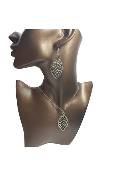 Ororabutik Orora Silver Color 35mm Fairycore Leaf Figured Necklace and Earring Set