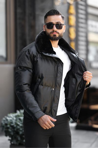 Moderk Shiny Men's Puffer Fur Leather Coat