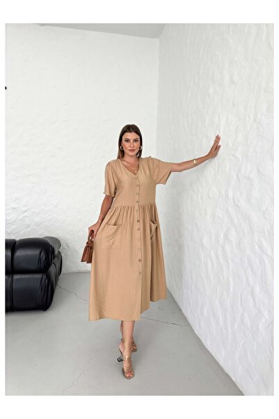 Elif Özbey Butik Λινό φόρεμα Camel με τσέπες