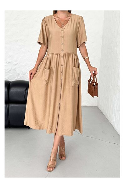 Elif Özbey Butik Λινό φόρεμα Camel με τσέπες