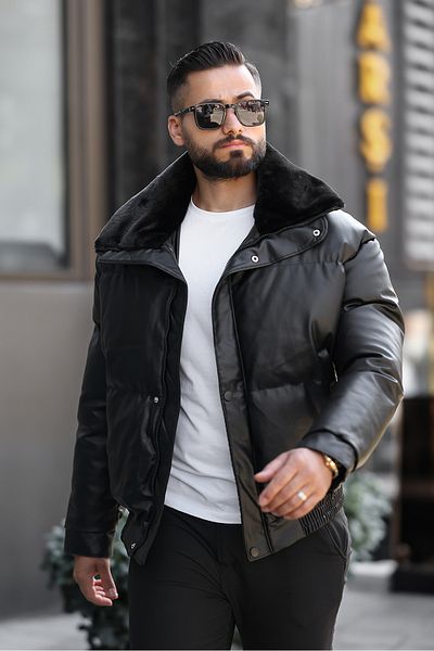 Moderk Shiny Men's Puffer Fur Leather Coat