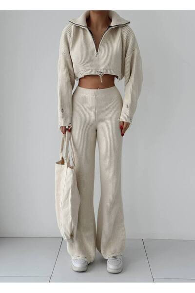 Lusin Stand Collar Crop Sweater and Trousers Set - Half Zipper, Thick Knitwear