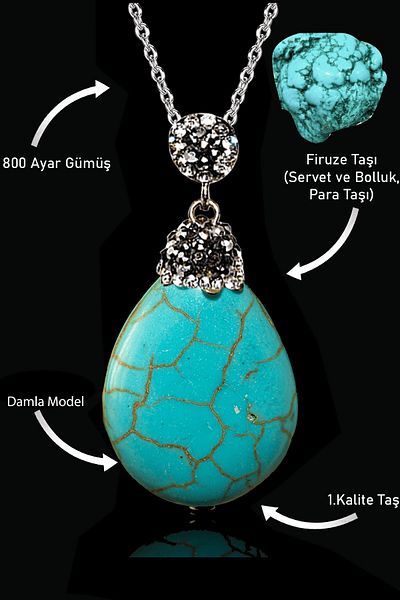 Tesbih Atölyesi Xl Zircon Stone Drop Model Turquoise Necklace - Certified and Turquoise Stone