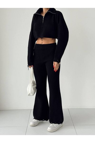 Lusin Black Crop Sweater and Trousers Set - Half Zipper, Stand Collar, Thick Knitwear