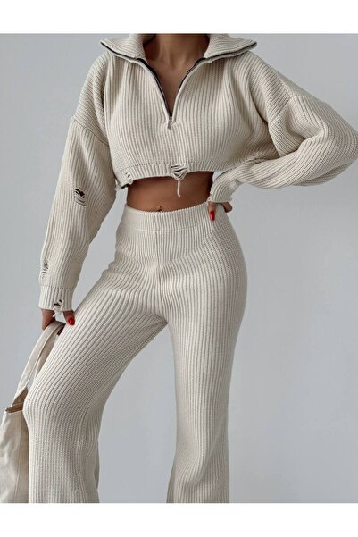Lusin Stand Collar Crop Sweater and Trousers Set - Half Zipper, Thick Knitwear