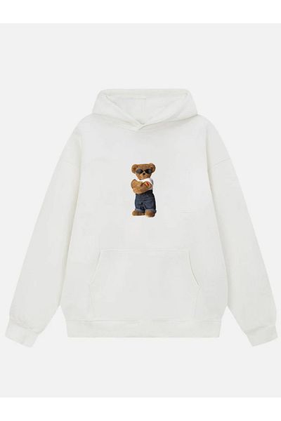 Mad&Calf Унисекс голям поларен суичър с качулка и щампа с плюшено мече