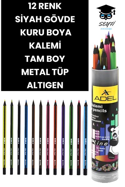 Adel Turkish Mali 12 Colors Dry Crayons Metal Tube Hexagonal Black Body