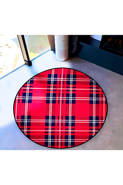 Rugs Modern Halı Mira Round Red Black Plaid Patterned Woven Base Decorative C...