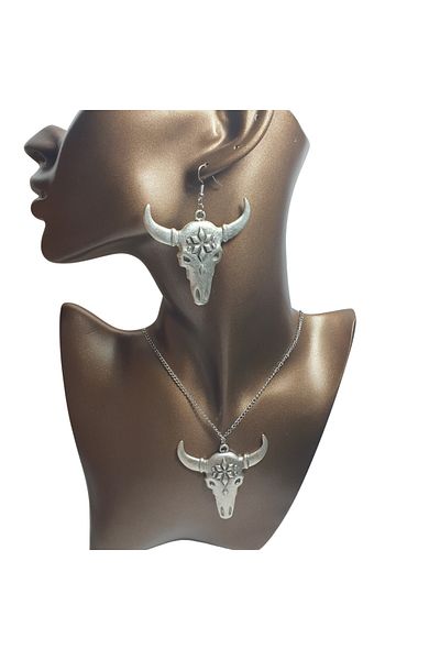Ororabutik Orora Buffalo-Bull Head Figured Silver Color Necklace and Earring Set
