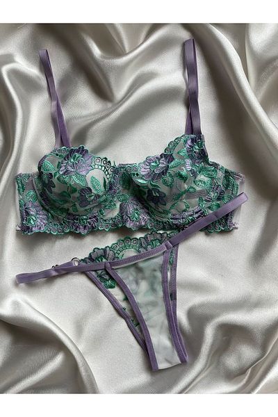 Nashera Set de lenjerie intima sutien bralette cu sârmă cu broderie florală verde