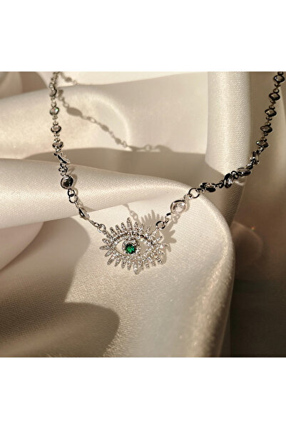 Butik Kadın Çelik Gold-Silver Göz Taş Detay Kolye 45cm