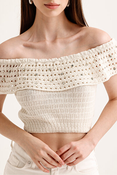 Cloudy Kids Shiny Stone Detailed Madonna Collar Women's Blouse