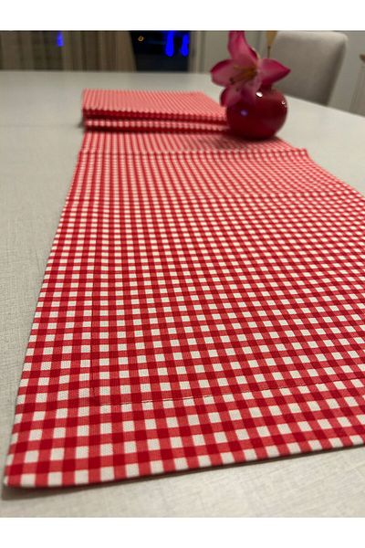 Meral Kurşun Collection Red Piti Checked Liquid Proof Runner - 40 X 160
