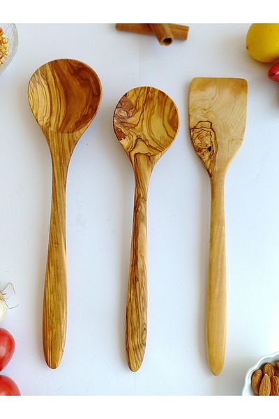 AYSAN Olive Wood 3-Piece Wooden Spoon Spatula Set
