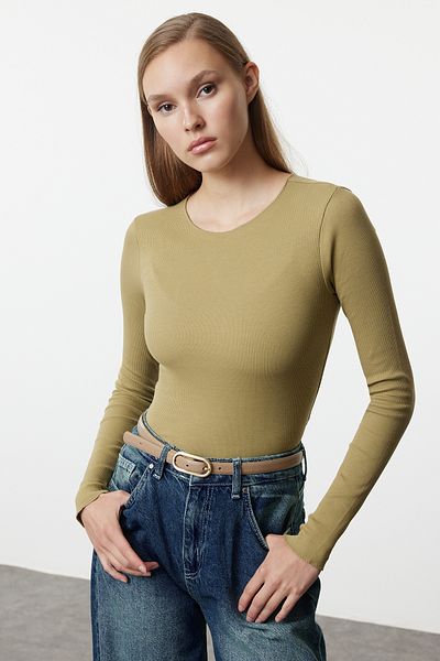 Trendyol Collection Flexible Cotton Khaki Corded Crew Neck Blouse - TWOAW24BZ00066