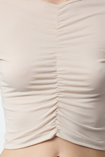 Trendyol Collection Ευέλικτη Πλεκτή Μπλούζα Crop - Χρώμα πέτρας, Λεπτομέρεια κορδονιού, Εφαρμοσμένη Twoaw20bz0505