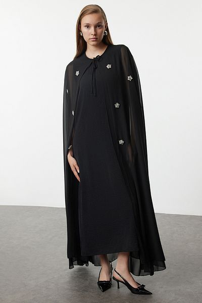 Trendyol Modest Stone Embroidered Black Cloak - TCTAW25KF00006