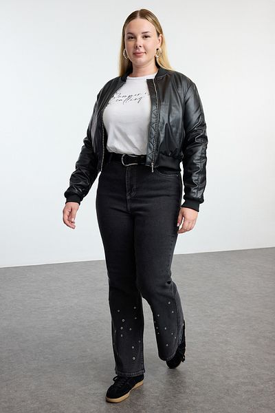 Trendyol Curve Graue Jeans in großen Größen mit hoher Taille und Ösendetail - Spanish Leg TBBAW25CJ00011