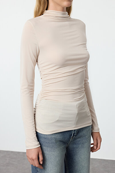 Trendyol Collection Stretch testhez simuló kötött blúz állógallérral és ékköves húzózsinórral - hosszú ujjú, hosszú test TWOAW24BZ00018