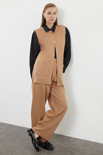 Trendyol Modest Camel Knitwear Vest and Trousers Set - Button Detailed TCTAW25US00067
