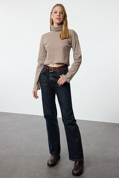 Trendyol Collection Stand Collar Stretch Πλεκτή Μπλούζα - Stone Fitted Crop, TWOAW25BZ00082