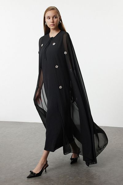 Trendyol Modest Stone Embroidered Black Cloak - TCTAW25KF00006