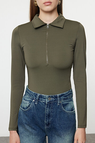 Trendyol Collection Flexible KHaki Knitted Body - Zipper Collar, Snap TWOAW24BD00005