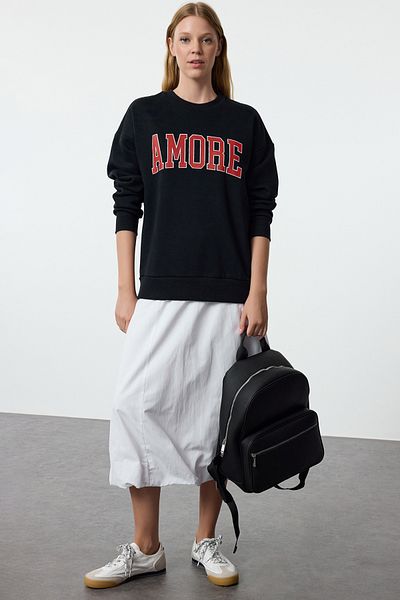 Trendyol Collection Navy Blue Fleece Oversize Slogan Vyšívaná pletená mikina - TWOAW25sw00031