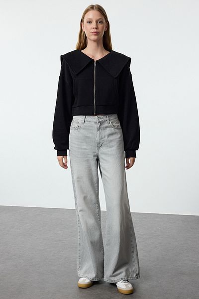 Trendyol Collection Hanorac negru tricotat cu fermoar - Potrivire obișnuită, detaliu guler TWOAW25SW00097