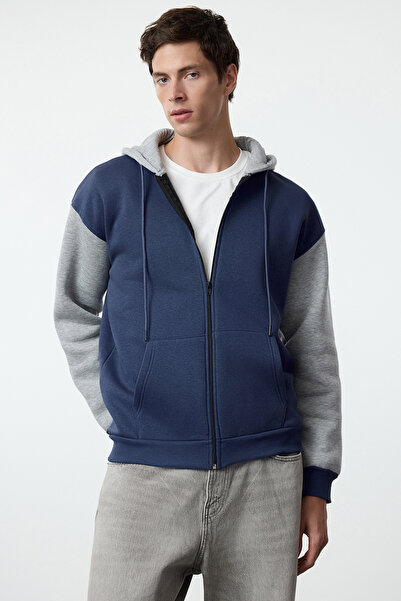 Trendyol Collection Indigo Fleece Oversize Cardigan/Mikina s kapucí – na zip, teplá Tmnaw25Sw00076