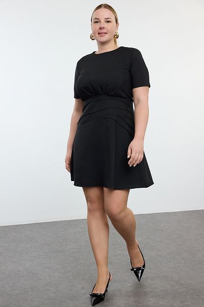 Trendyol Curve Black Mini Draped - Thin Padded A-Shape Woven Dress, Short Sleeve