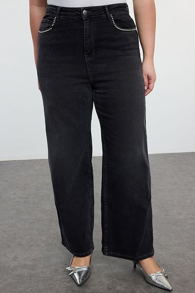 Trendyol Curve Jeans mit hoher Taille, Strass-Tasche, weitem Bein, Übergröße – TBBAW25CJ00013