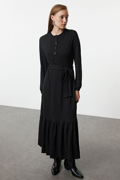 Trendyol Modest Μαύρο Πλεκτό Ρίμπ - Φόρεμα Καμισόλα με Ζώνες Tctaw25eb00130