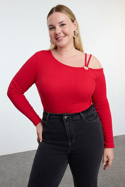 Trendyol Curve قميص قصير أحمر محبوك بلوزة كبيرة الحجم