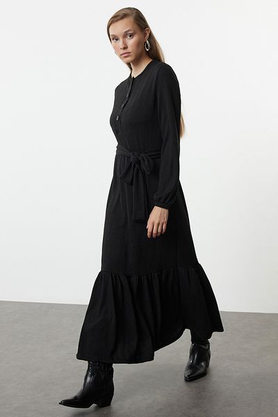Trendyol Modest Μαύρο Πλεκτό Ρίμπ - Φόρεμα Καμισόλα με Ζώνες Tctaw25eb00130