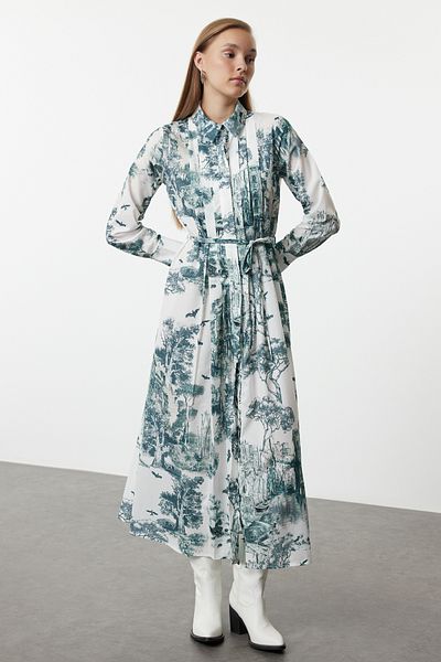 Trendyol Modest Φόρεμα υφαντό πουκάμισο με πράσινο σχέδιο με κουμπιά TCTAW25EB00106