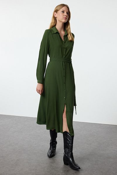 Trendyol Collection Viskóz midi ing ruha - sötétzöld, öves Twoaw25el00436