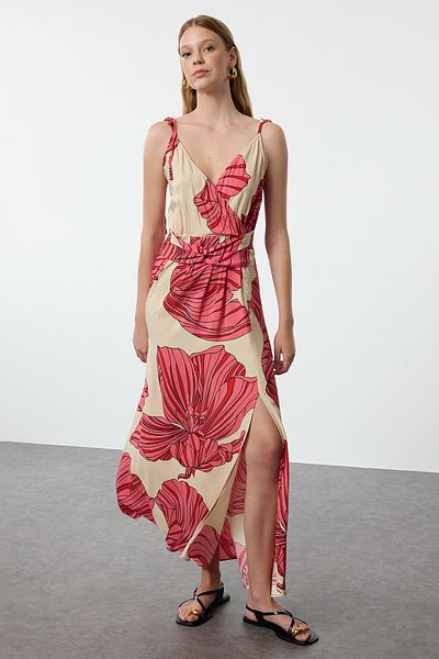 Trendyol Collection Pomegranate Flower Patterned - Double Breasted Maxi Dress with Slit Detail TWOSS23EL01892