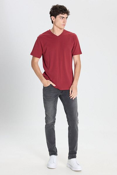AC&Co / Altınyıldız Classics Men's 100% Cotton V-Neck Claret Red Slim Fit Slim Fit T-Shirt