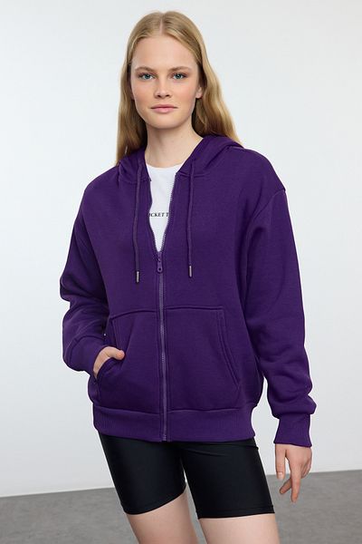 Trendyol Collection Lila Fleece-Kapuzenpullover in Übergröße – mit Reißverschluss, dicke Innenseite TWOAW21sw0840