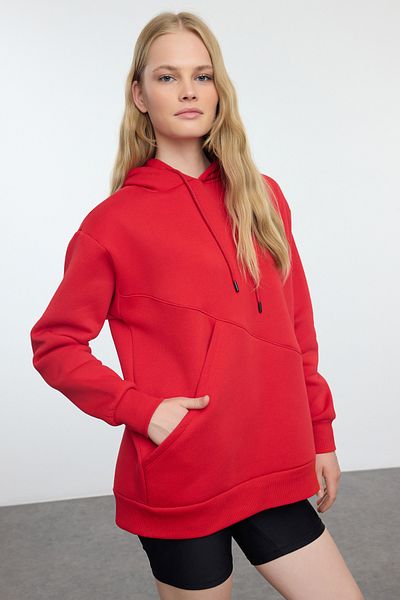 Trendyol Collection Red Oversize Fleece Hooded Knitted Sweatshirt - Pocket Detail, Thick Inner Twoaw25sw00011
