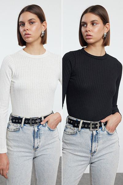Trendyol Collection Crew Neck Black and Ecru Knitted Blouse - Pack of 2, Regular Fit TWOAW25BZ00066