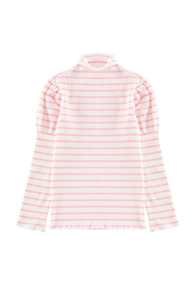 TRENDYOLKIDS Pink Striped Girl's T-shirt - Stand Collar, Knitted - Tkdaw25ts00003